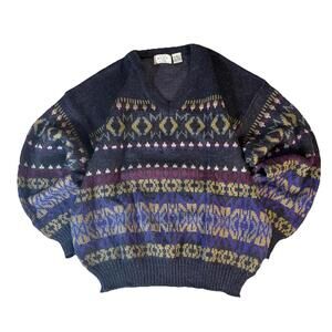 Vintage Sears Men’s Sweater Knit V Neck Geometric Wool Blend Cosby Grandpa Large